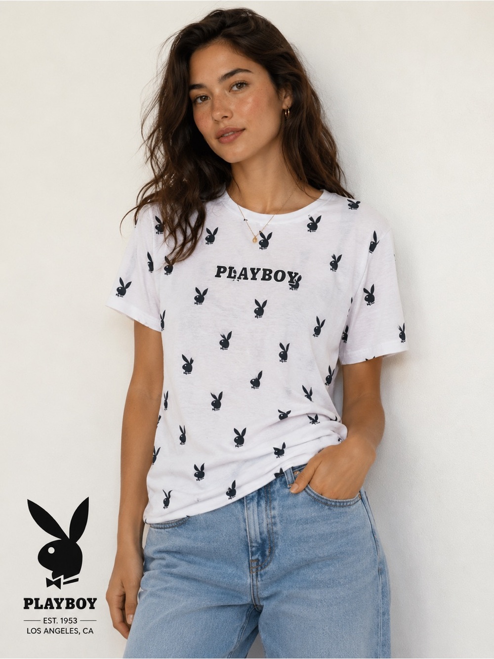 Playboy White All-Over Bunny Logo T-Shirt * SALE